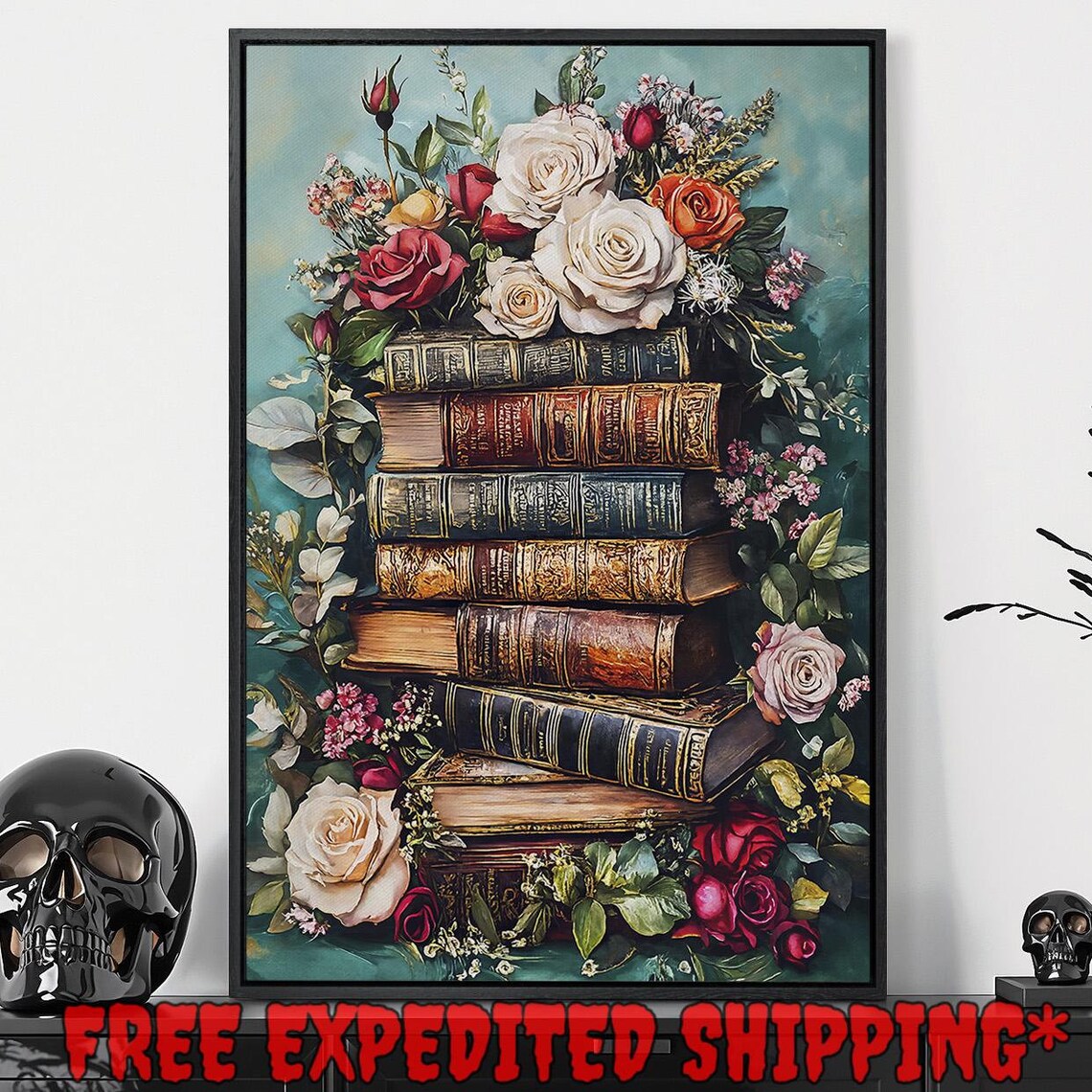 Vintage Book Stack Red White Roses Teal Romantic Floral Poster