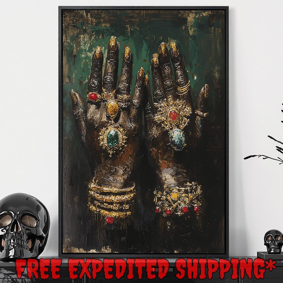 Ornate Gold Jewelry On Dark Hands With Red Gems Gothic Hands Art Poster