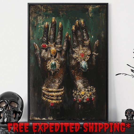 Gothic Jewelry Dark Painting Print Abstract Dark Academic Decor Black Hands With Gold Jewelry Poster Ready To Hang Framed Wall Art