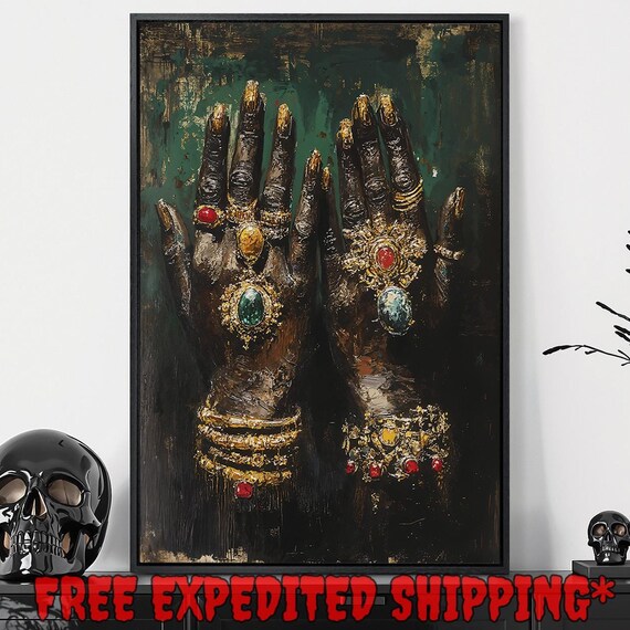 Ornate Gold Jewelry On Dark Hands With Red Gems Gothic Hands Art Poster