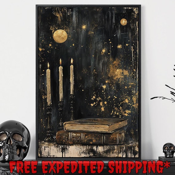 Antique Books And Candle Glow Framed Wall Art Celestial Painting Print Vintage Aesthetic Decor Dark Cottagecore Poster Ready To Hang
