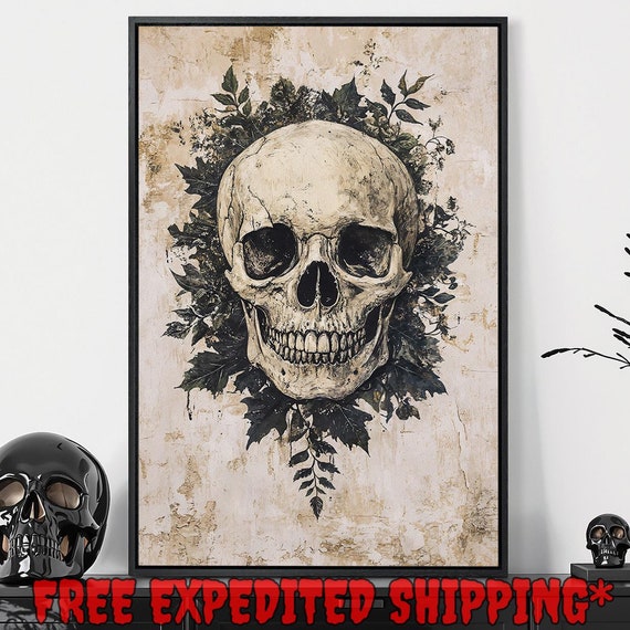 Gothic Skull In The Leaves Framed Wall Art Vintage Style Painting Print Memento Mori Decor Dark Academia Poster Gift Ready To Hang