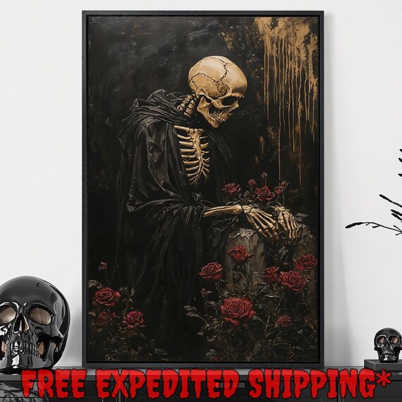 Grim Reaper Skeleton Leaning on Tombstone With Red Roses Poster