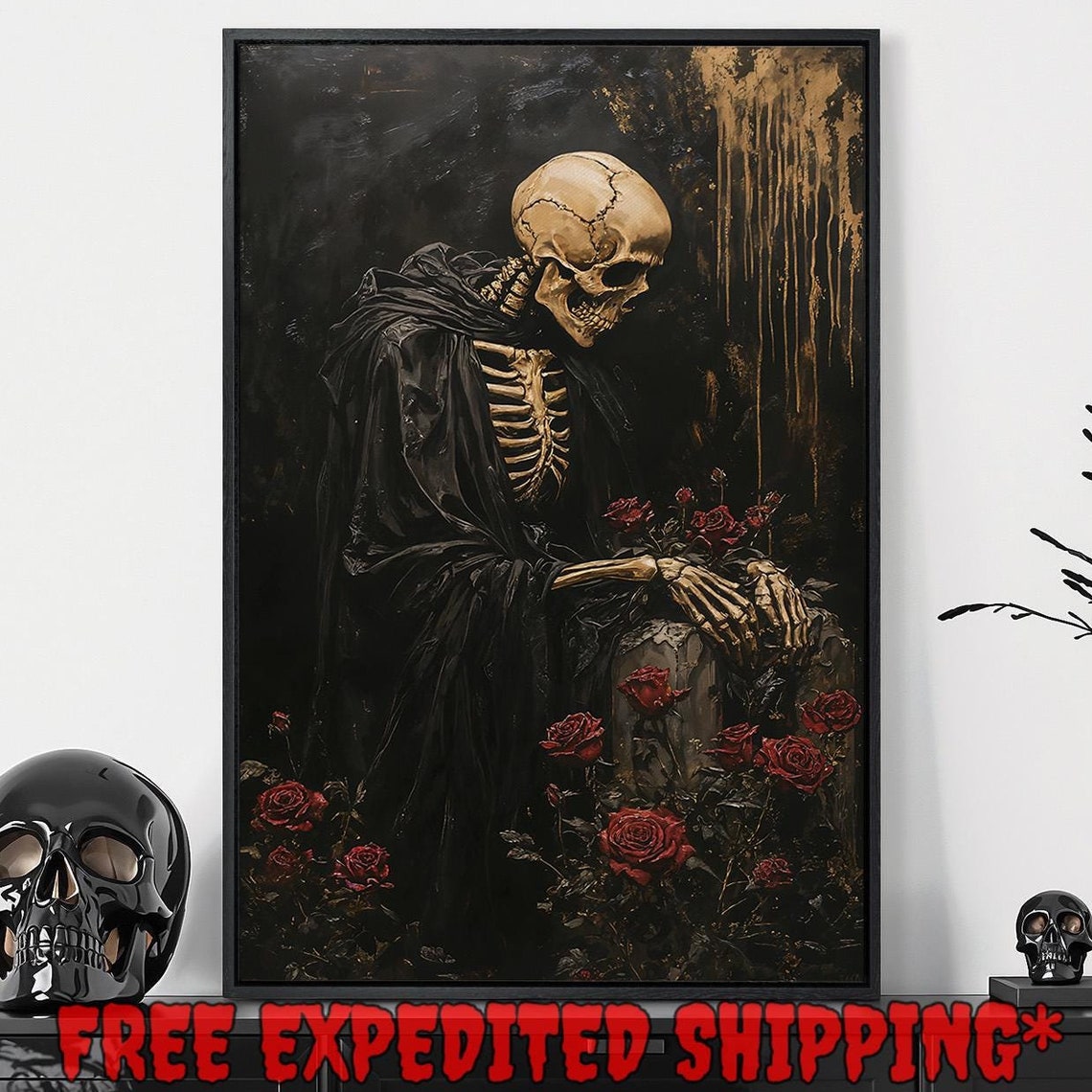 Grim Reaper Skeleton Leaning on Tombstone With Red Roses Poster