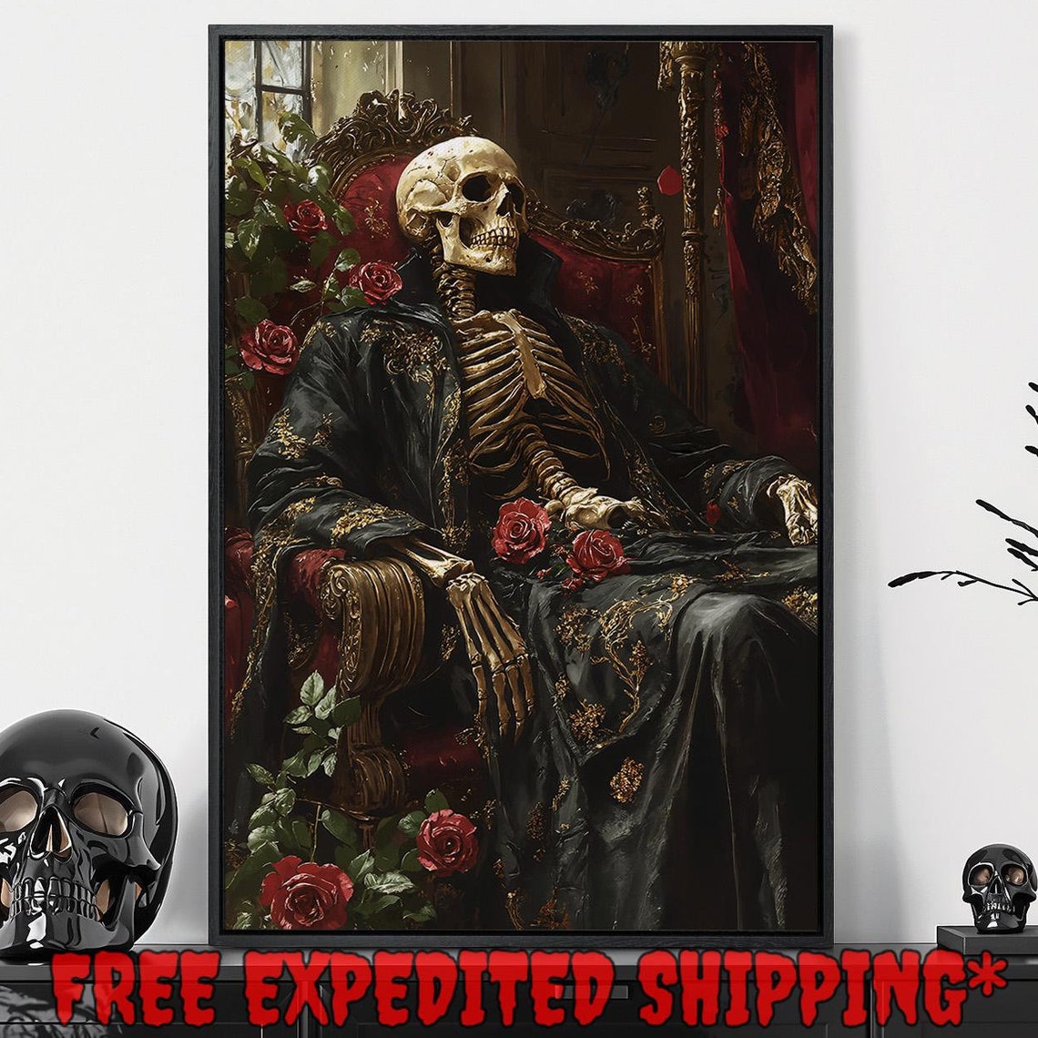 Skeleton In Black Robe Reclining On Ornate Chair With Red Roses Poster