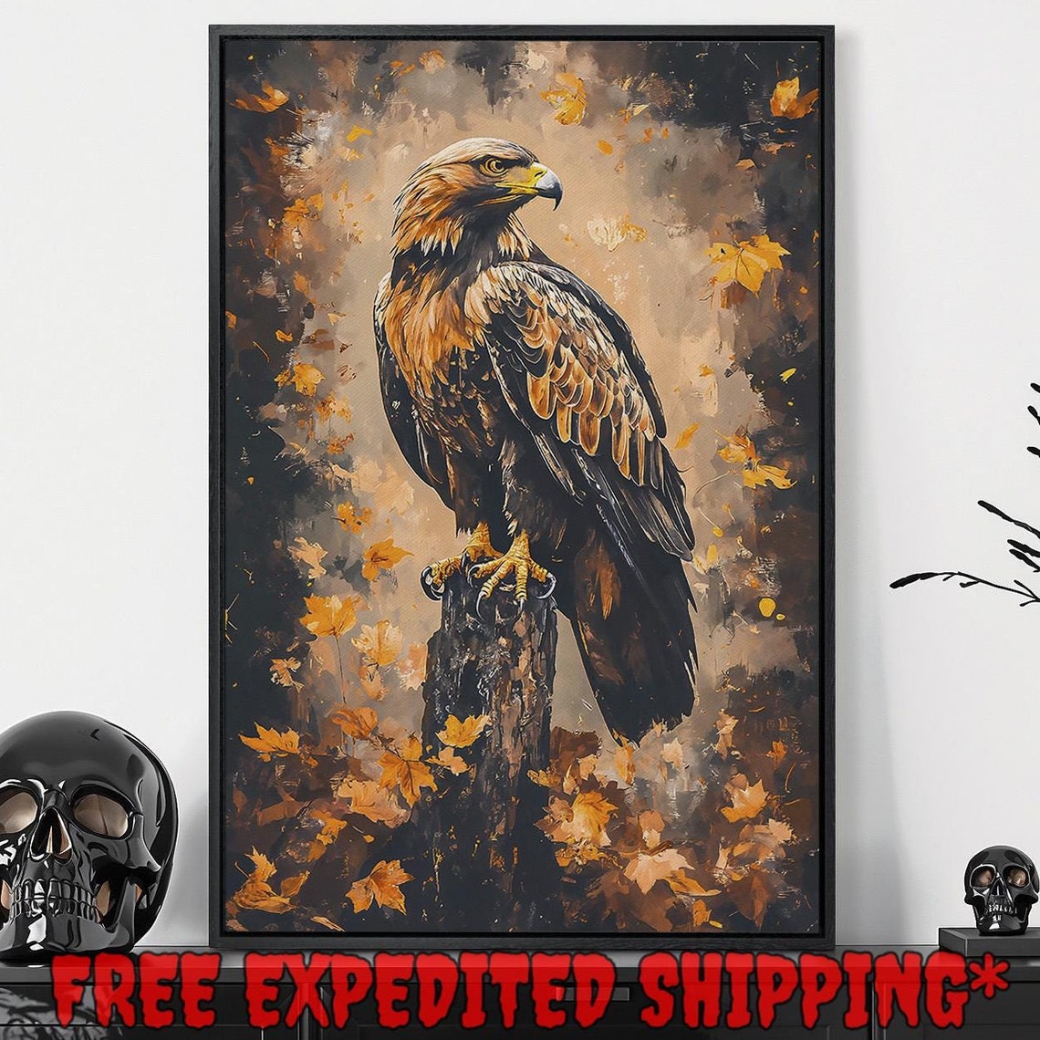Golden Eagle On Stump Autumn Leaves Regal Bird Wildlife Poster