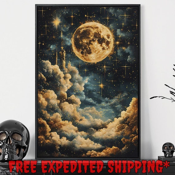 Full Moon In The Clouds Framed Wall Art Starry Sky Painting Print Dark Mystic Space Decor Dream Landscape Poster Gift Ready To Hang