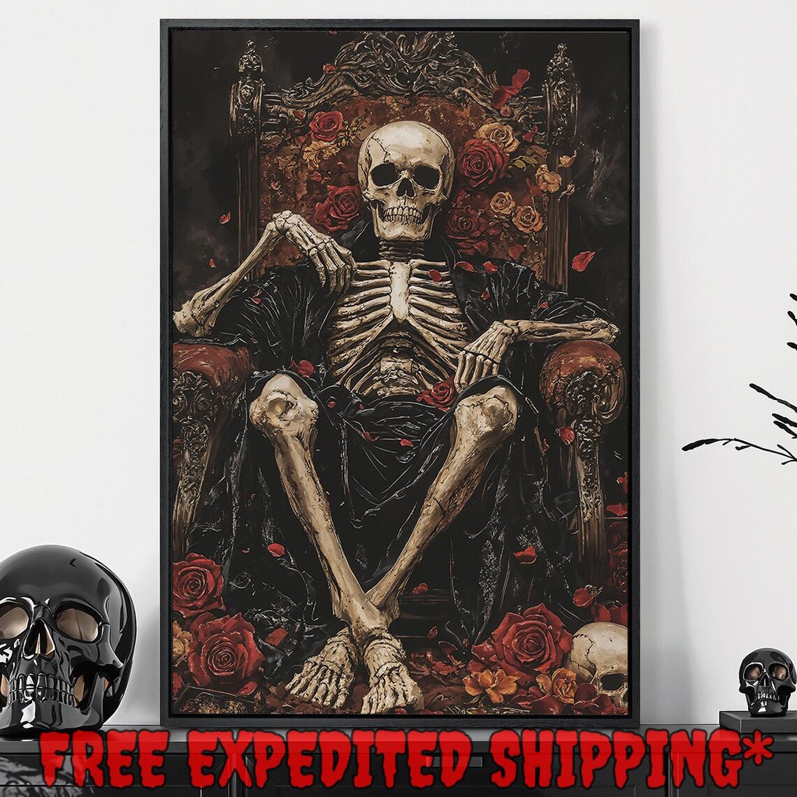 Skeleton King Reclining On Dark Carved Throne With Red Roses Gothic Poster