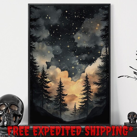 Enchanting Celestial Stars Framed Wall Art Forest Landscape Painting Print Mystical Night Decor Pine Trees Poster Gift Ready To Hang