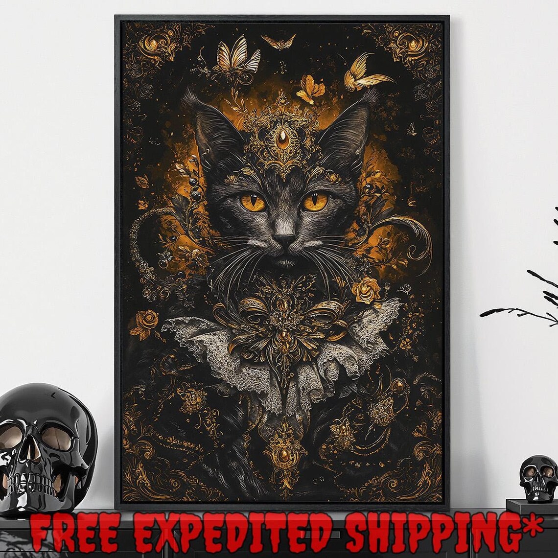 Ornate Black Cat Golden Baroque Crown Amber Eyes Gothic Art Poster