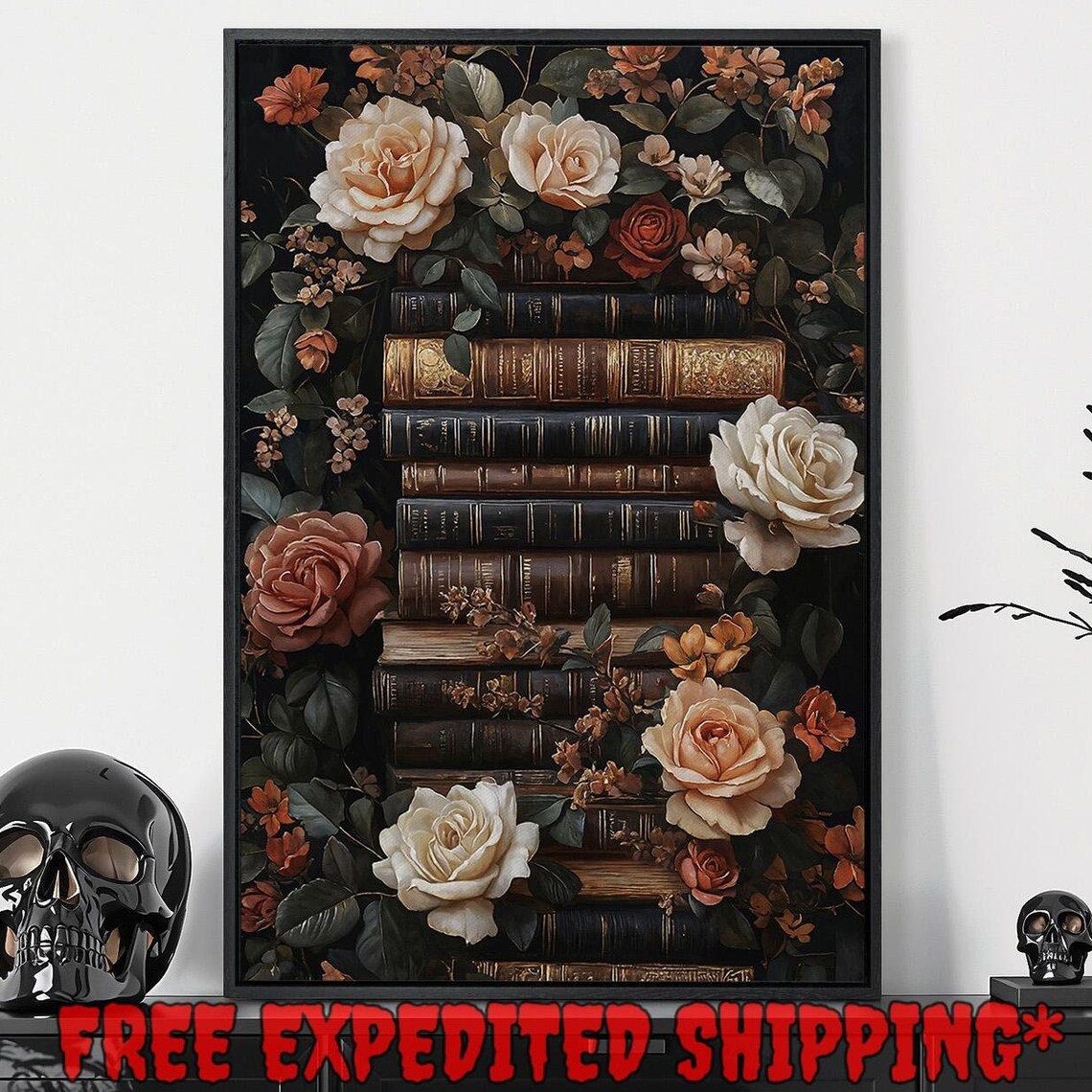 Vintage Books And Roses Stack Dark Botanical Library Wall Poster