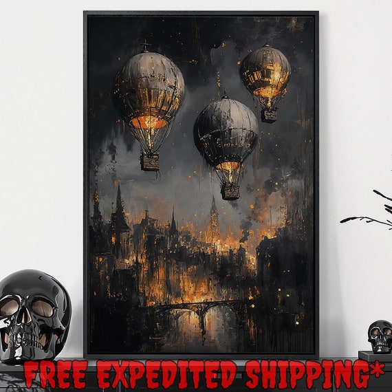 Medieval Cityscape Framed Wall Art Hot Air Balloons Painting Print Dark Steampunk Decor Gothic Dark Academic Poster Ready To Hang
