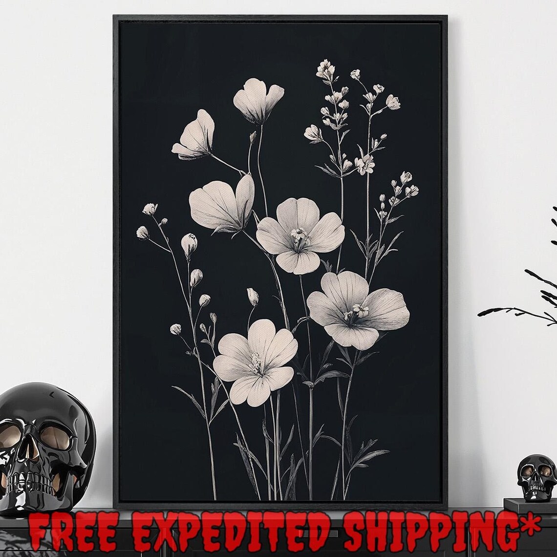 White Wildflowers On Black Background Minimalist Botanical Art Poster