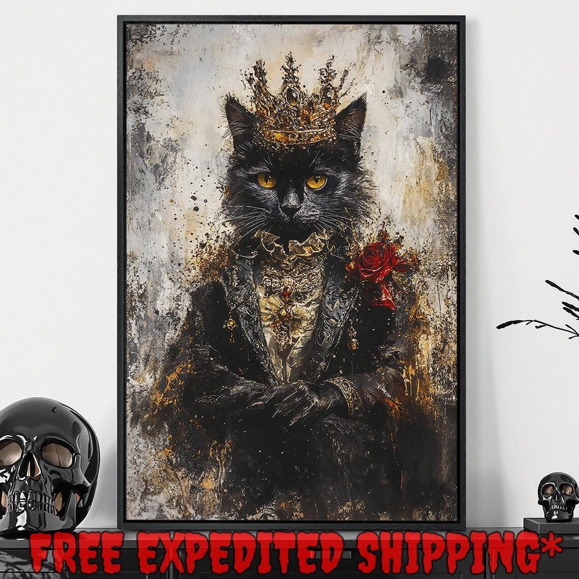 Royal Black Cat With Crown Red Rose Painterly Feline Portrait Poster