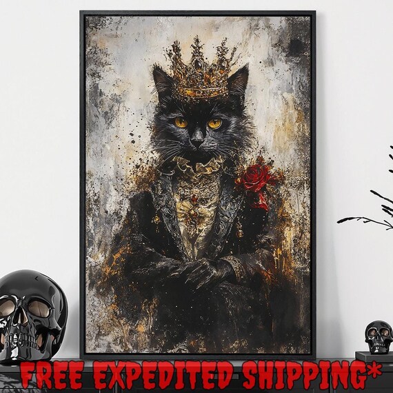 Royal Black Cat With Crown Red Rose Painterly Feline Portrait Poster