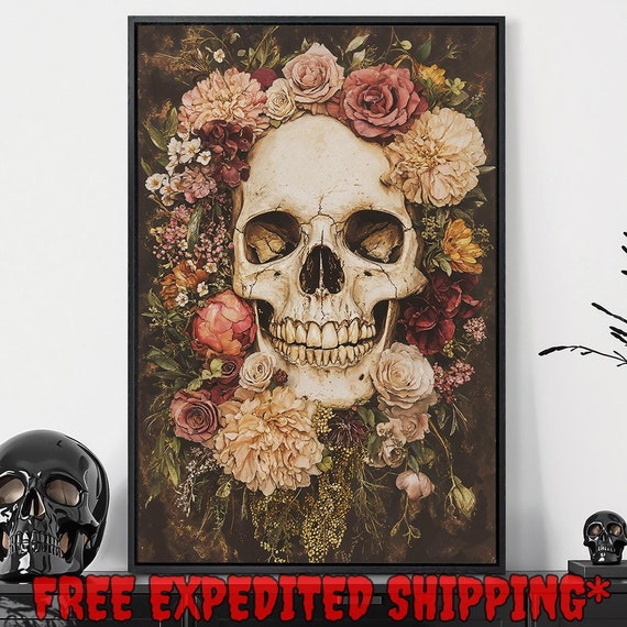 Creepy Skull In The Pink Flowers Print Floral Gothic Decor Vintage Aesthetic Dark Academic Poster Ready To Hang Framed Wall Art