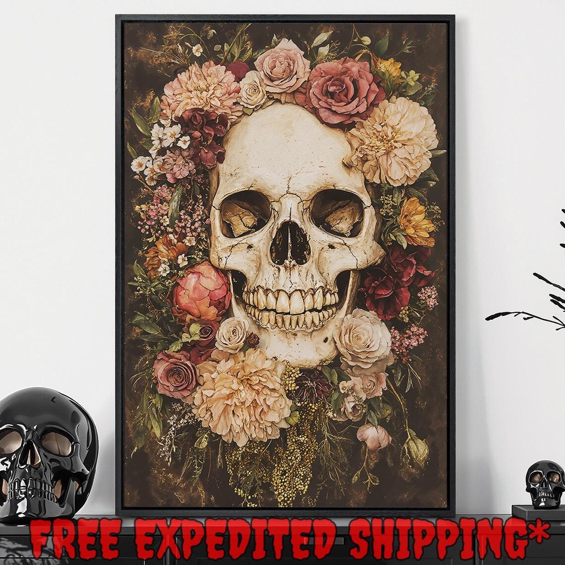 Floral Skull Still Life Blush Roses Dark Academia Gothic Botanical Wall Art