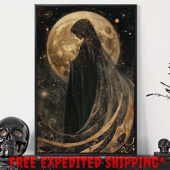 Mystical Full Moon Framed Wall Art Gothic Cloaked Girl Painting Print Dark Space In Stars Decor Dark Academia Poster Ready To Hang