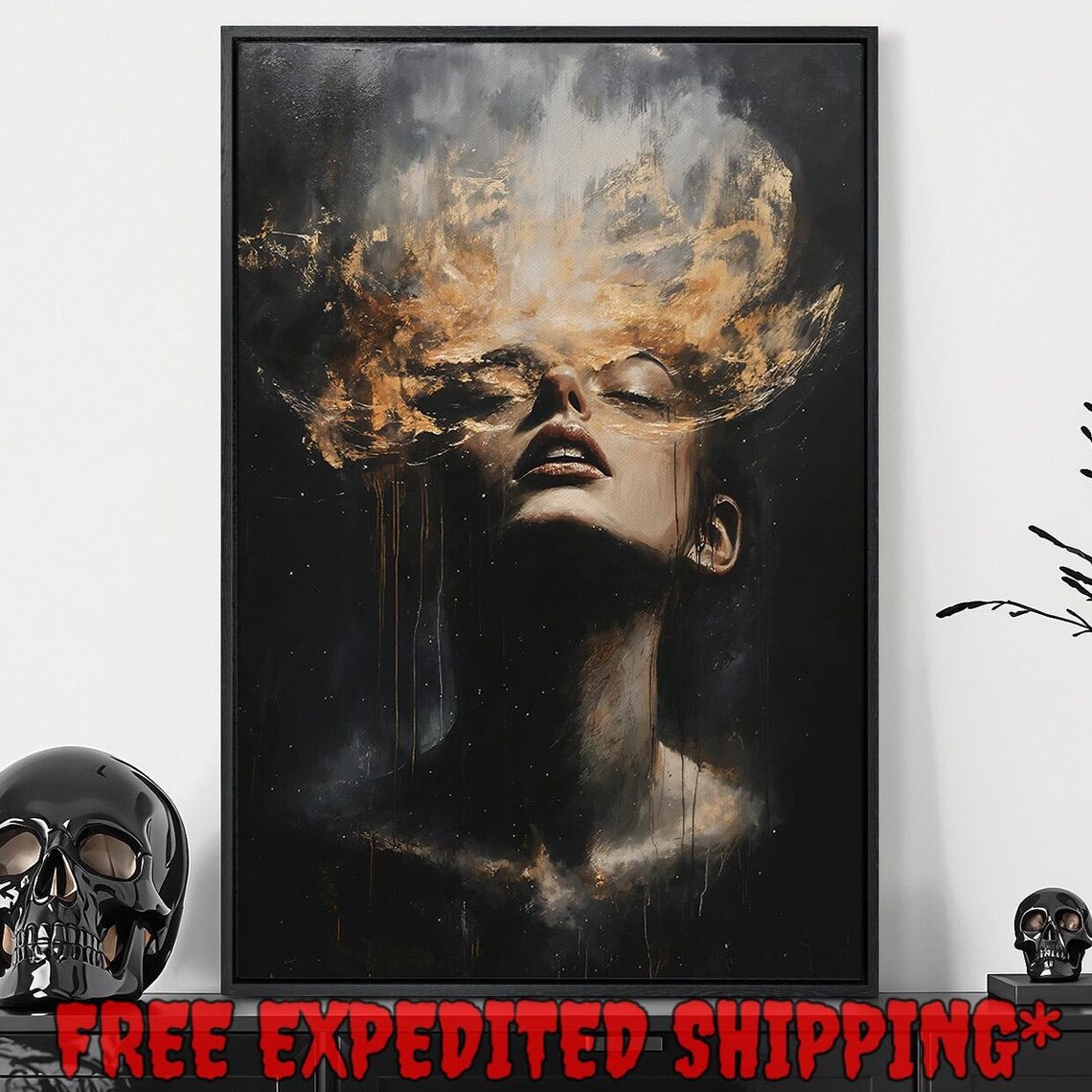 Woman Face Dissolving Into Golden Mist Dark Ethereal Art Poster