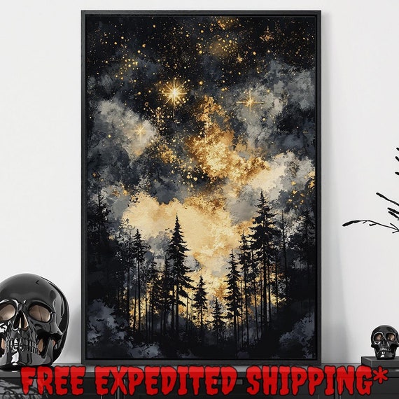 Enchanted Starry Sky In Gothic Forest Print Mystical Night Landscape Decor Dark Academic Poster Ready To Hang Framed Wall Art