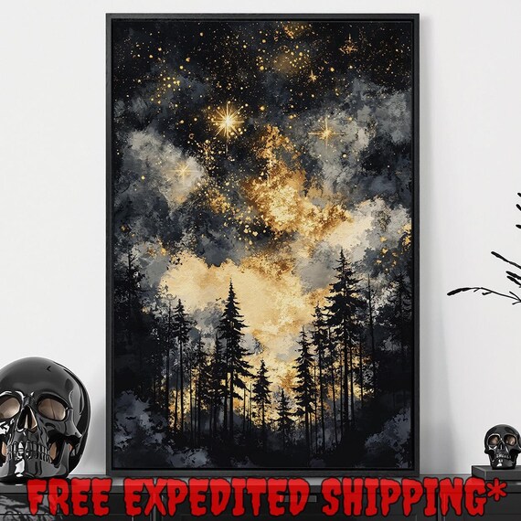 Golden Milky Way Glowing Over Black Pine Forest Night Art Poster