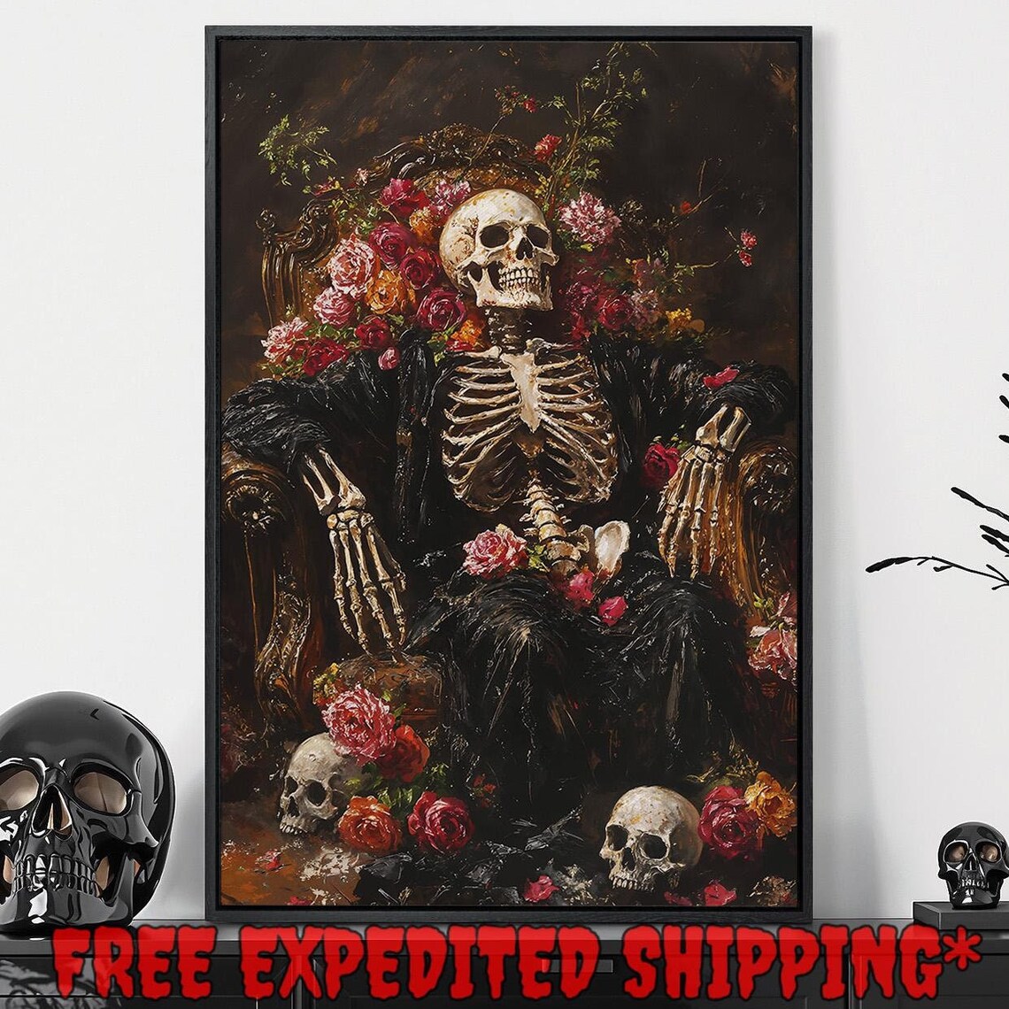 Victorian Skeleton On Ornate Throne Surrounded By Red Roses Dark Poster