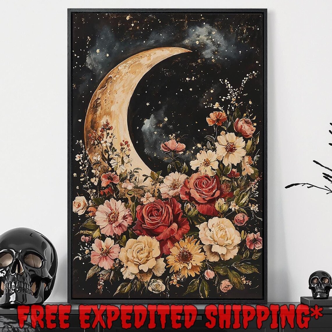Crescent Moon Blooming Flowers Starry Night Celestial Dark Botanical Wall Poster
