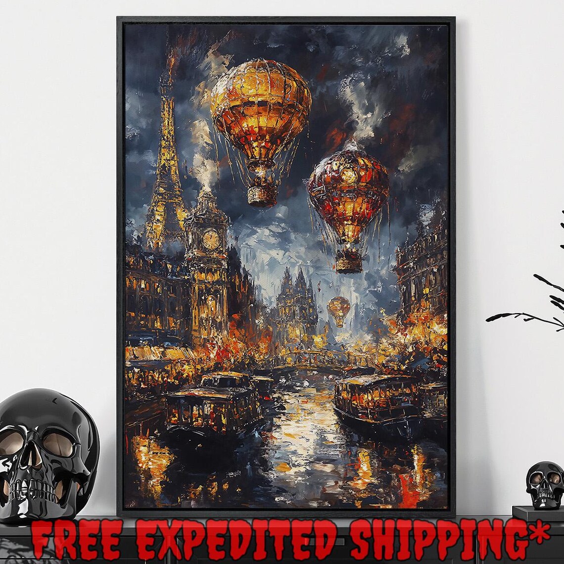 Mystical Night Cityscape Hot Air Balloons River Dark Fantasy Wall Art