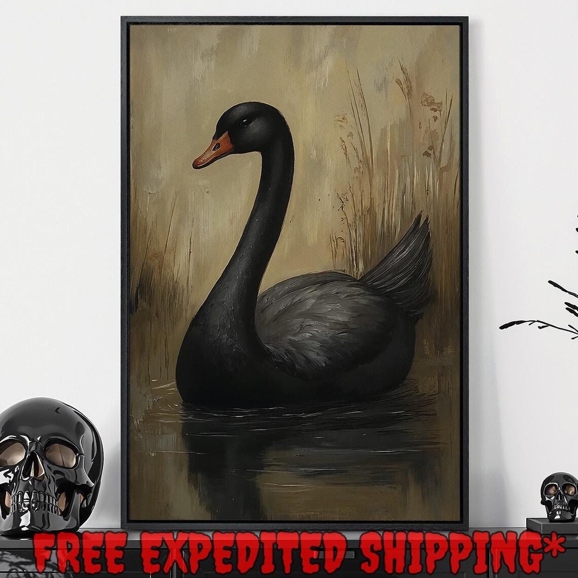 Black Swan Graceful Profile Golden Marsh Water Wildlife Art Poster