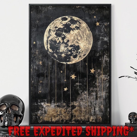 Full Moon And Stars Framed Wall Art Dark Space Painting Print Black And Gold Celestial Decor Dark Cottagecore Poster Ready To Hang