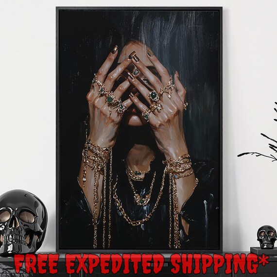 Womans Hands Adorned With Gold Jewelry Covering Face Dark Oil Art Poster