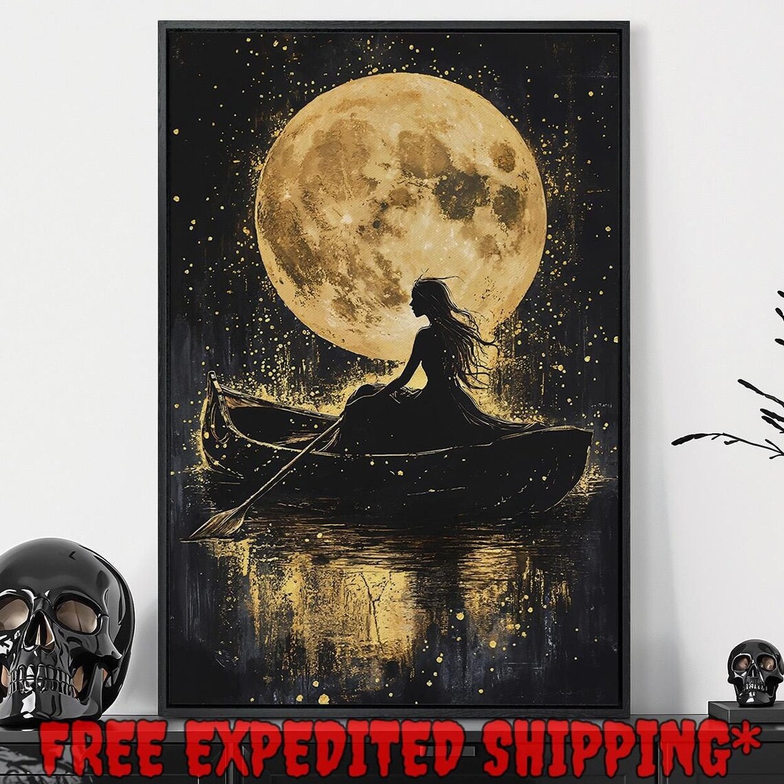 Girl In Rowboat Under Giant Gold Moon Starry Night Fantasy Poster