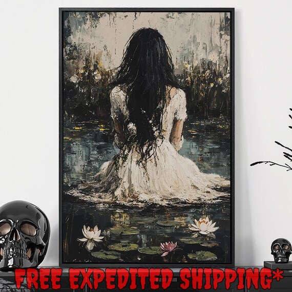 Woman Water Lilies Dark Pond White Dress Moody Painterly Gothic Wall Art
