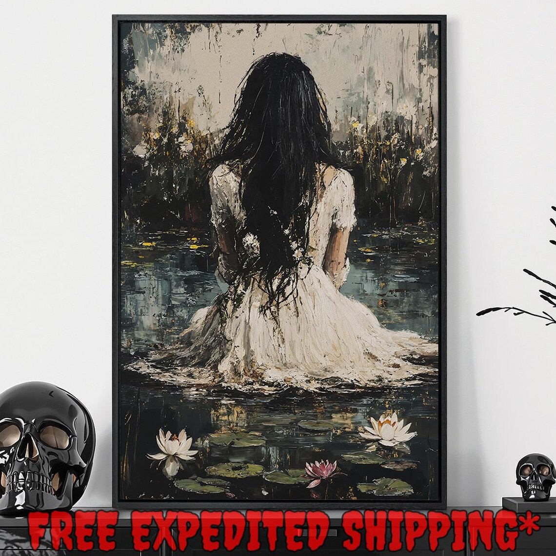 Woman Water Lilies Dark Pond White Dress Moody Painterly Gothic Wall Art