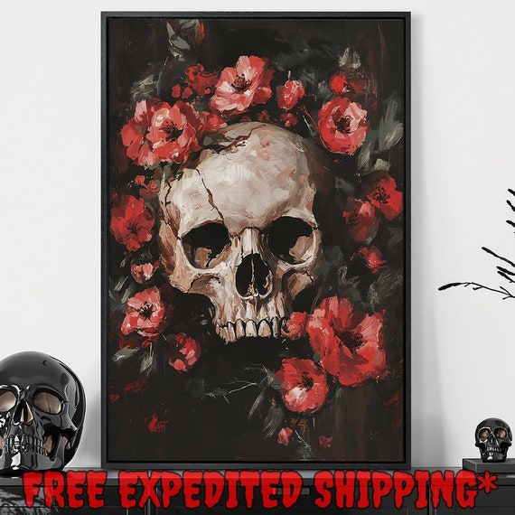Creepy Skull In Red Flowers Print Gothic Dark Academic Decor Memento Mori Dark Cottagecore Poster Ready To Hang Framed Wall Art