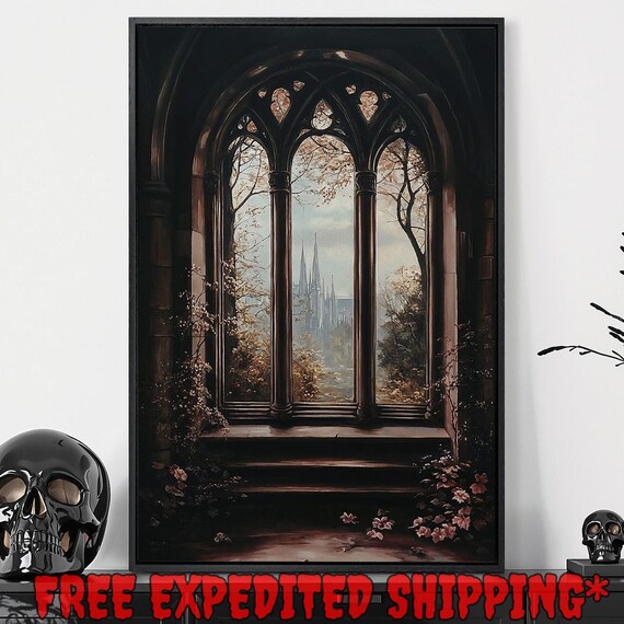 Gothic Window View Fairytale Castle Spires Autumn Dark Medieval Wall Art