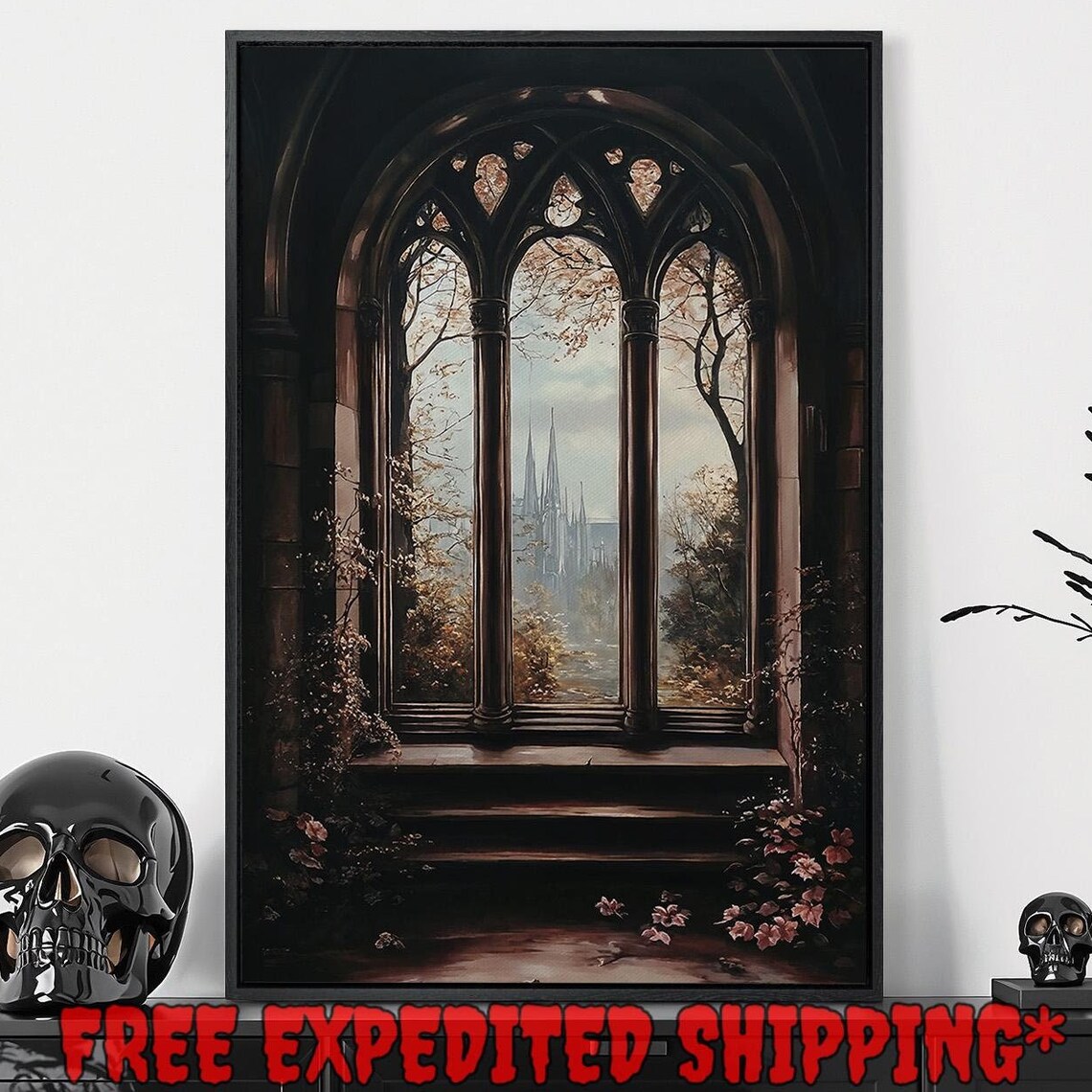 Gothic Window View Fairytale Castle Spires Autumn Dark Medieval Wall Art