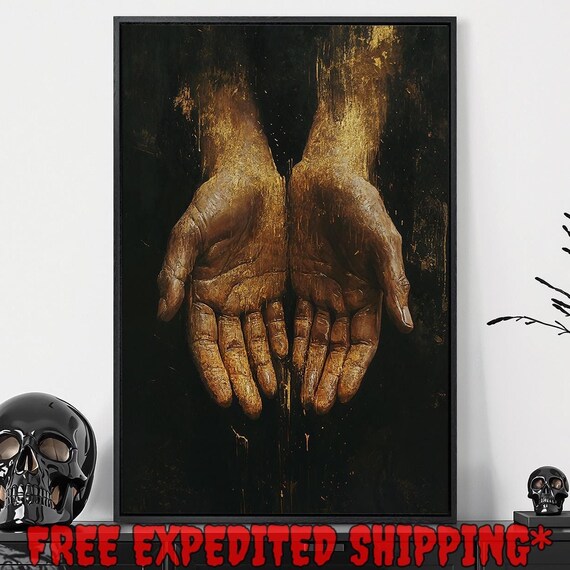 Realistic Golden Hands Palms Up Dark Moody Expressive Fine Art Poster