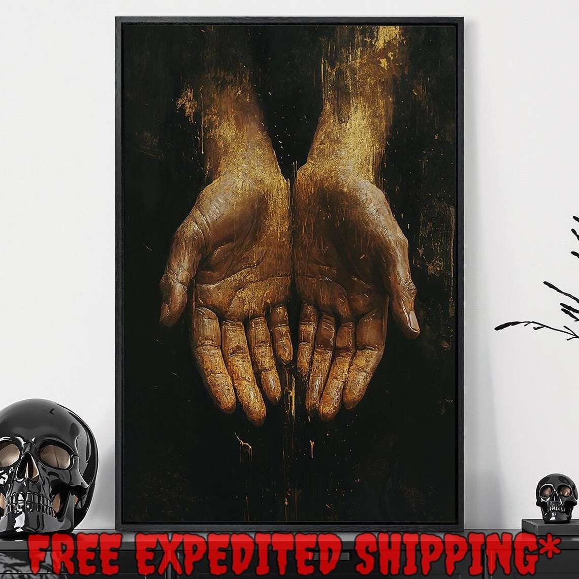 Realistic Golden Hands Palms Up Dark Moody Expressive Fine Art Poster
