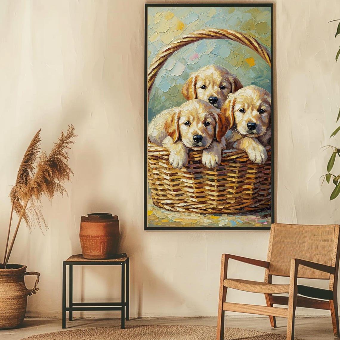 Three Golden Retriever Puppies Wicker Basket Impasto Painting Poster