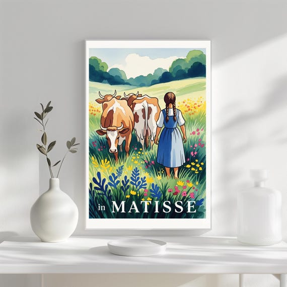 Matisse Inspired Poster Tranquil Cow Painting Rustic Farmhouse Wall Art Bright Floral Meadow Print Vertical Matte Girl With Cows