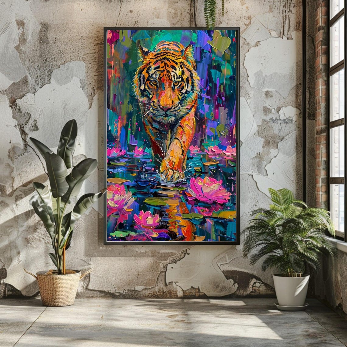 Striking Tiger Wading Through Pink Water Lilies Impasto Poster