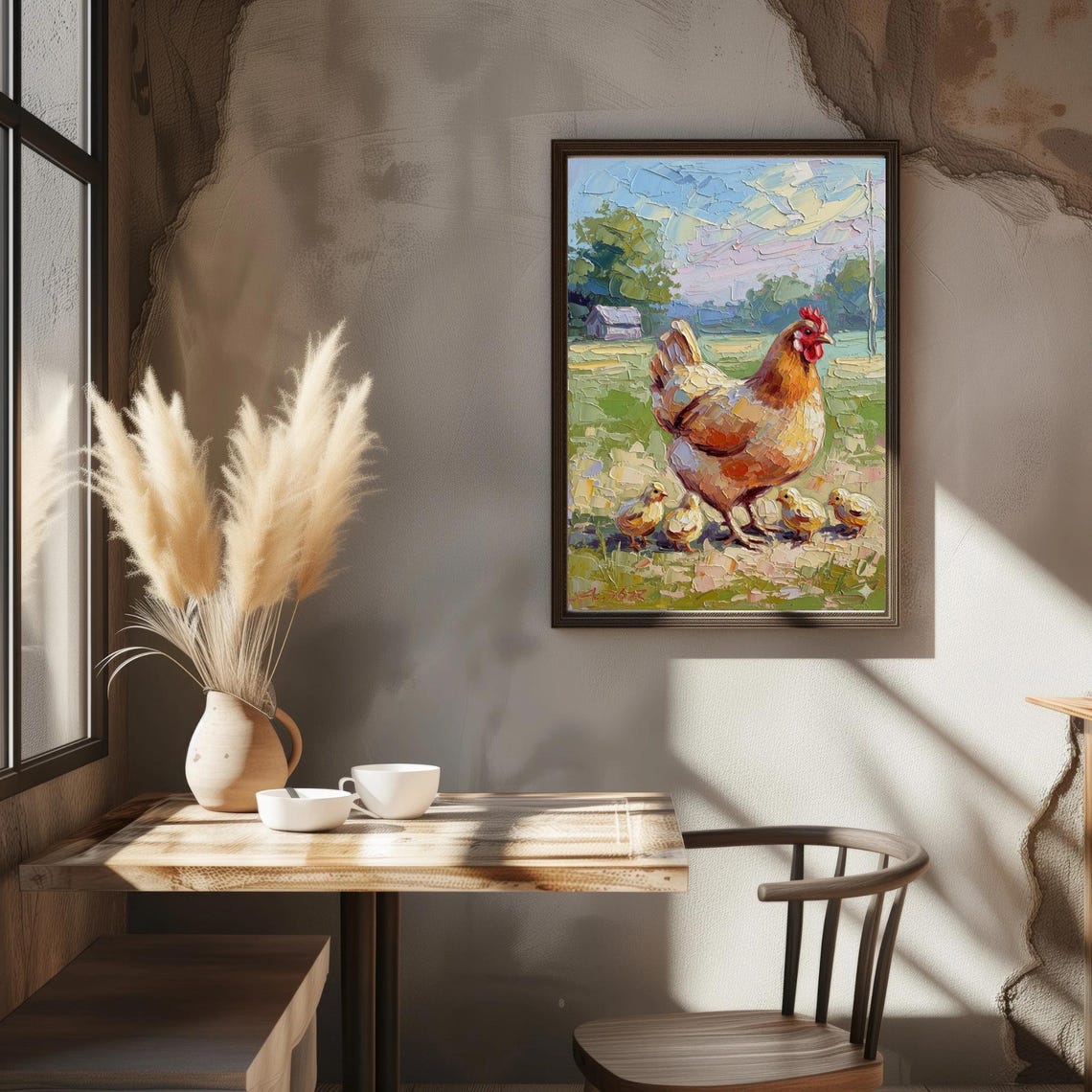 Hen and Chicks Farmyard Impressionist Oil Painting Art Poster