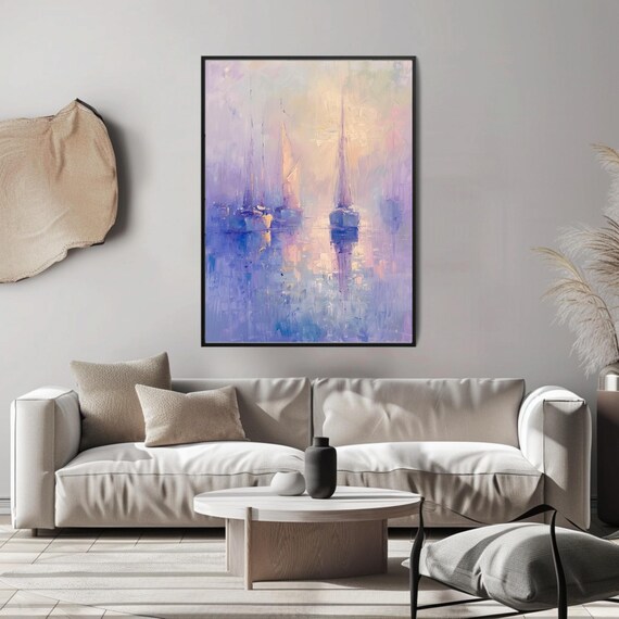 Misty Harbor Sailboats Impressionistic Pastel Lavender Seascape Poster