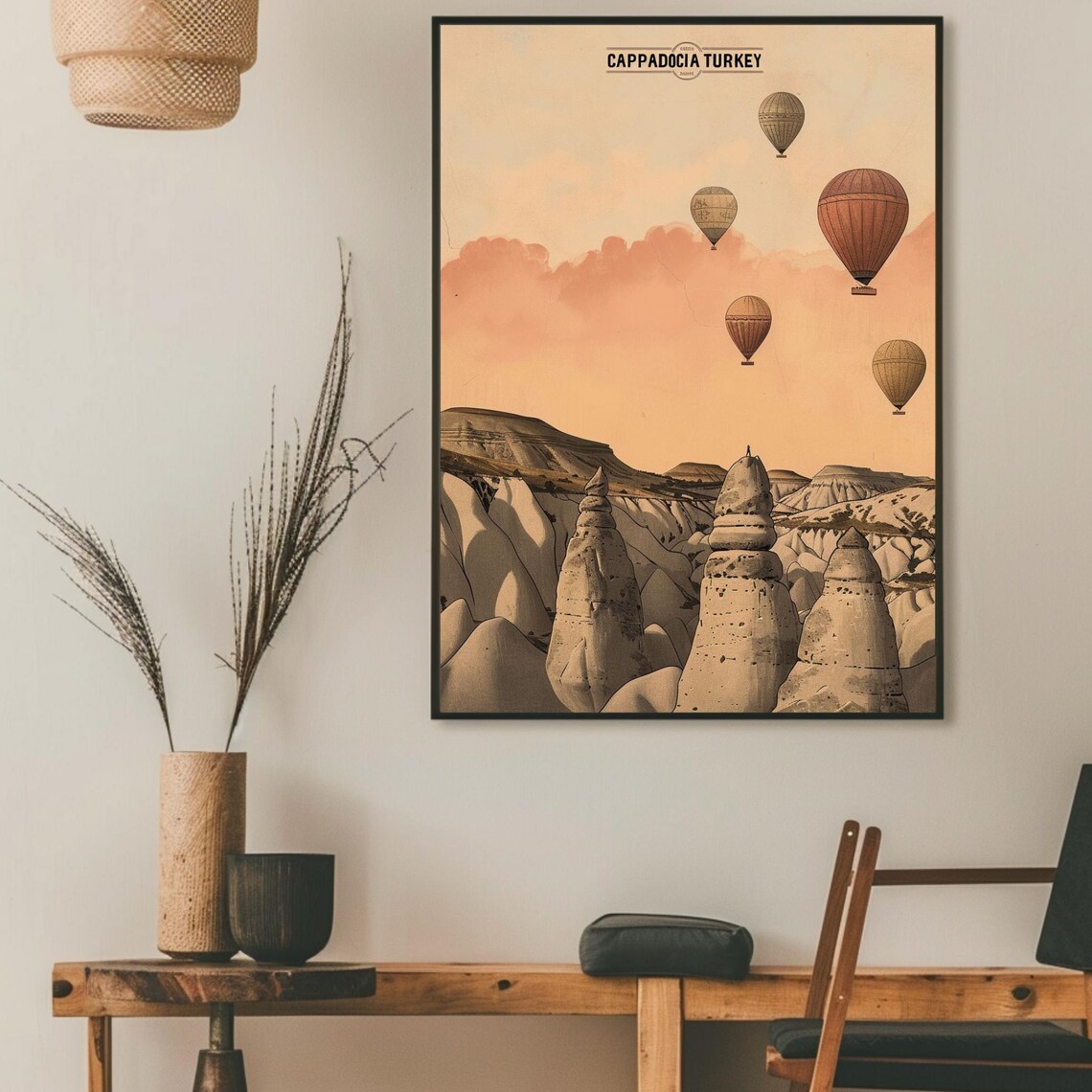 Cappadocia Turkey Hot Air Balloons Vintage Sunset Travel Poster