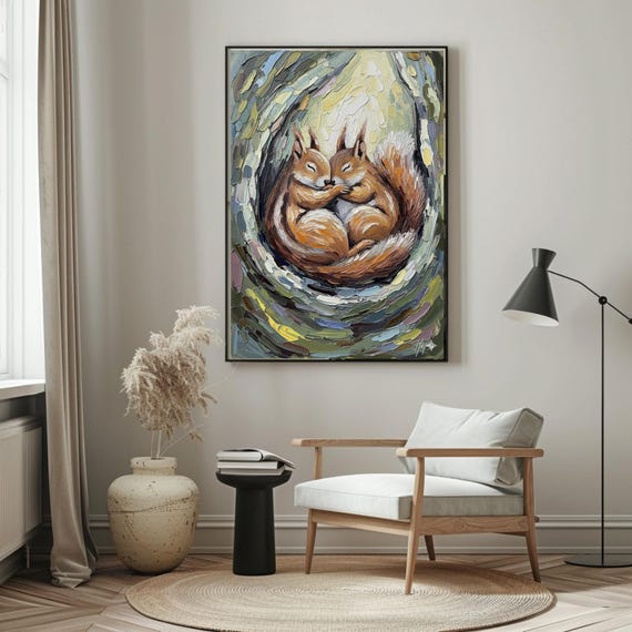 Cute Animal Wall Artearthy Tones Oil Painting Of Squirrels In Nestcozy Home Artmatte Print Rustic Wildlife Decornature Lover Gift