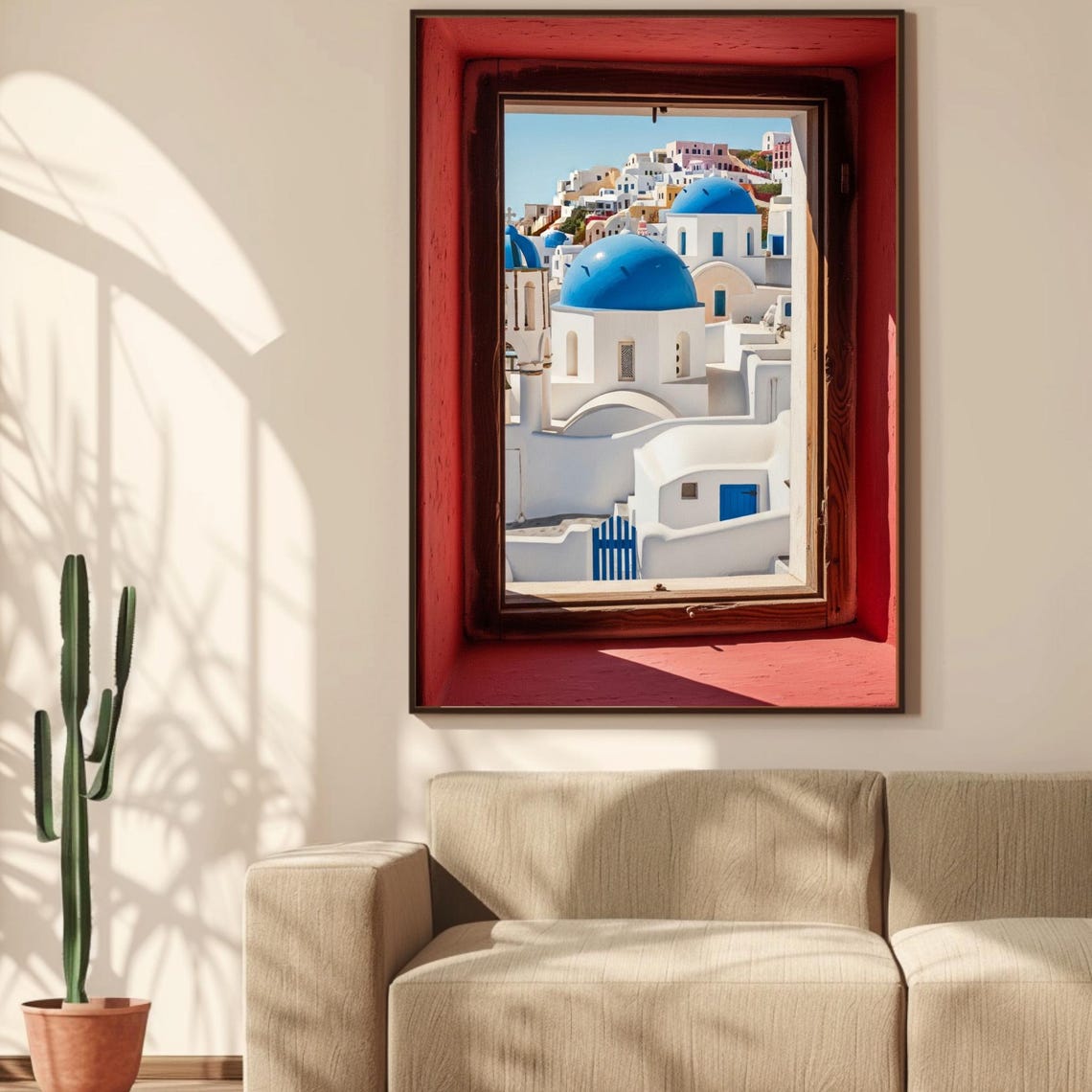 Santorini Blue Domes Viewed Through Rustic Red Window Frame Poster