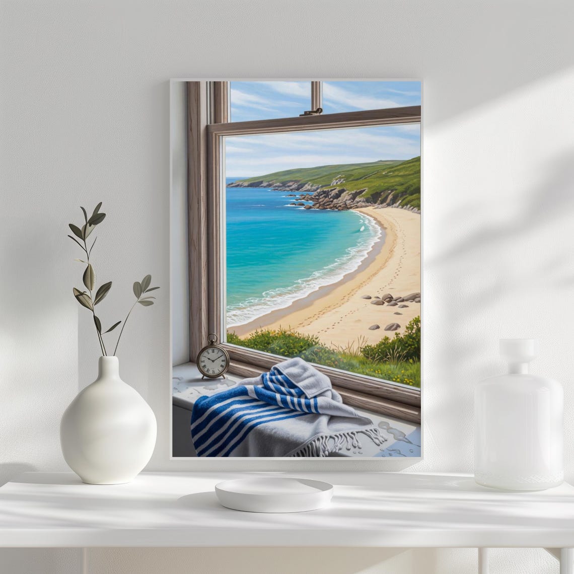 Beach Window View Open Window Striped Towel Coastal Art Print