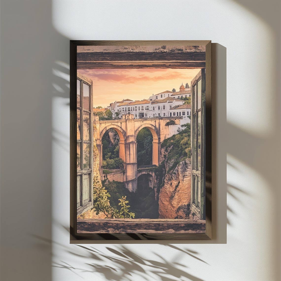 Open Window View of Historic Stone Bridge Spanning Gorge Town Poster