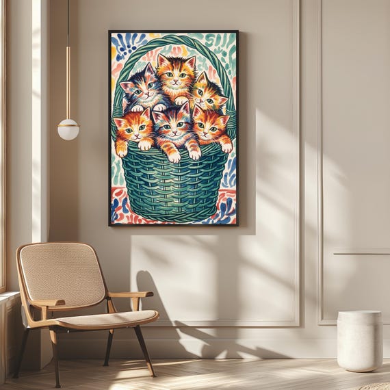 Matisse Inspired Kittens Print Colorful Feline Wall Art Matte Finish Playful Cat Decor Vibrant Animal Artwork Whimsical